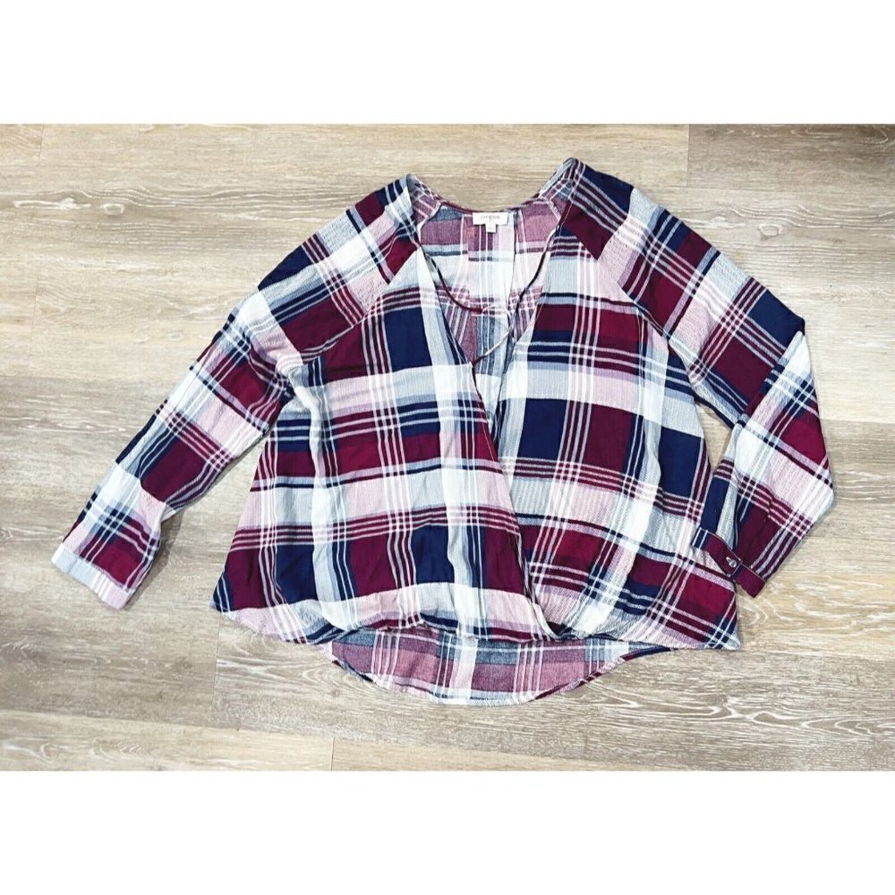Umgee Sz L Plaid Faux Wrap Blouson Shirt Blouse Top Blue Purple White Womens